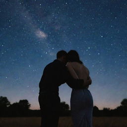 A romantically entwined couple standing closely under a starry night sky, their hands gently holding each other in loving intimacy.