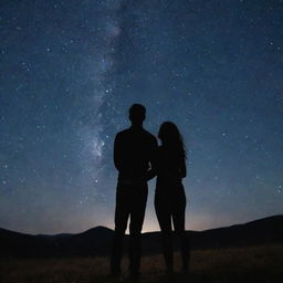 A romantically entwined couple standing closely under a starry night sky, their hands gently holding each other in loving intimacy.