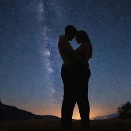 A romantically entwined couple standing closely under a starry night sky, their hands gently holding each other in loving intimacy.