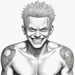 A manga style illustration of Sukuna from Jujutsu Kaisen, displaying his menacing grin and detailed tattoos