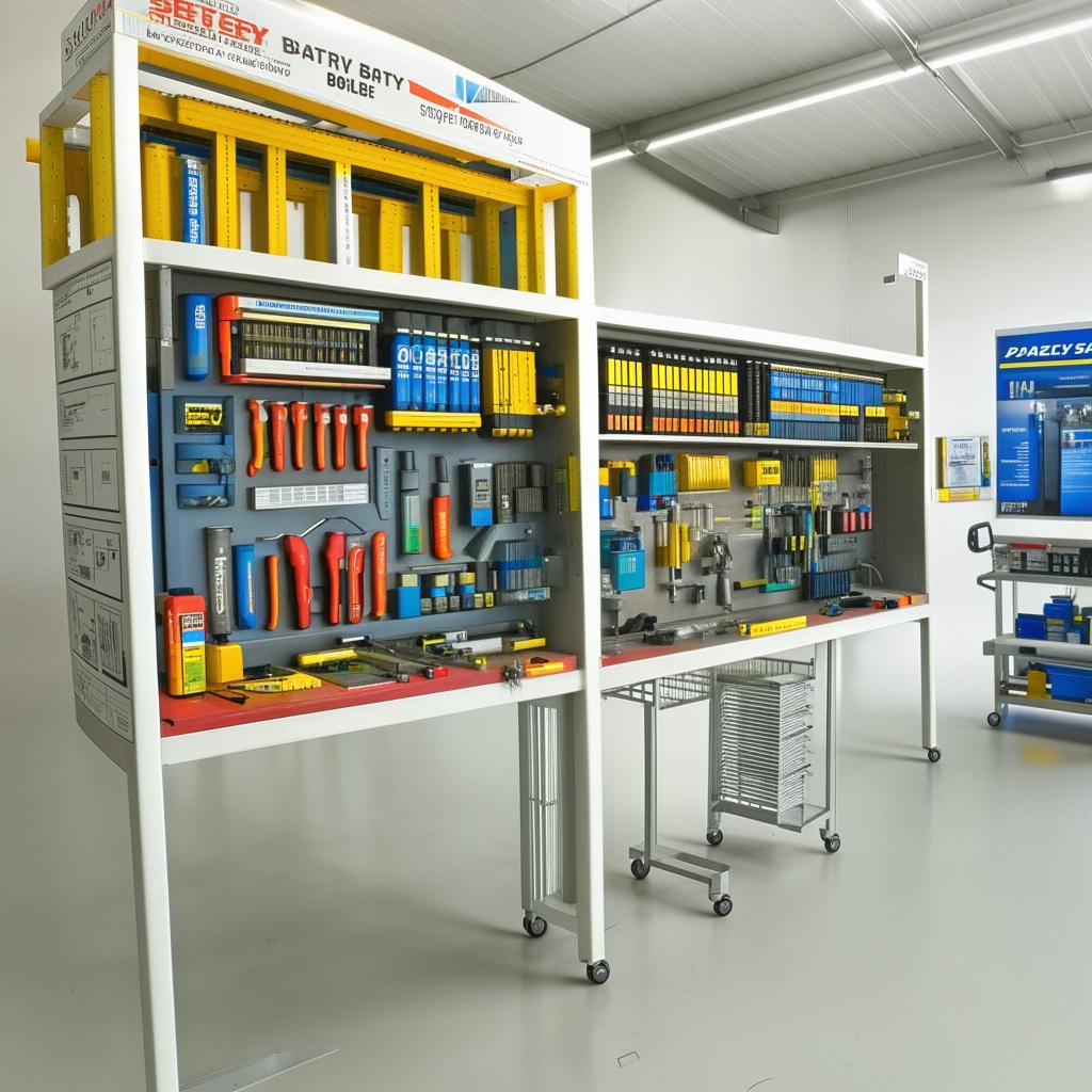 Scale model of a 25x15 feet battery repair service center, detailed with a tool trolley, front-facing rack, a side workbench, and a detailed battery parts diagram on the wall.