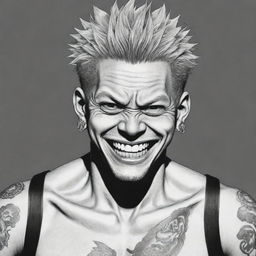 A manga style illustration of Sukuna from Jujutsu Kaisen, displaying his menacing grin and detailed tattoos