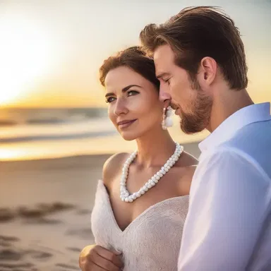 As the sun set over the beach, he gently placed a white bead necklace around her neck, a symbol of their everlasting love.