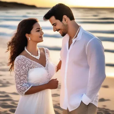 As the sun set over the beach, he gently placed a white bead necklace around her neck, a symbol of their everlasting love.