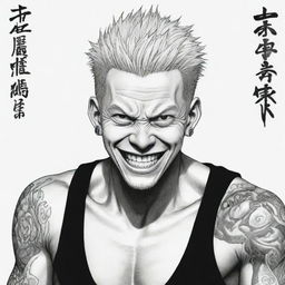 A manga style illustration of Sukuna from Jujutsu Kaisen, displaying his menacing grin and detailed tattoos