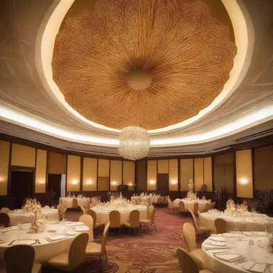 The interior of the grand ballroom was beautifully decorated with an enormous gold Catherine wheel suspended from the ceiling, adding a touch of elegance and festivity to the space.