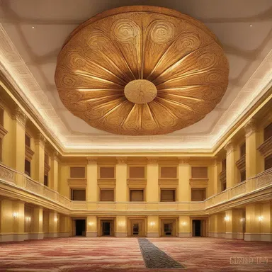 The interior of the grand ballroom was beautifully decorated with an enormous gold Catherine wheel suspended from the ceiling, adding a touch of elegance and festivity to the space.