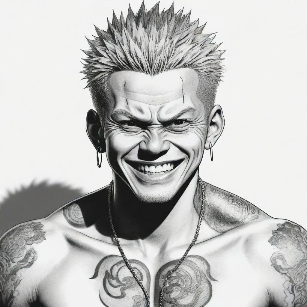 A manga style illustration of Sukuna from Jujutsu Kaisen, displaying his menacing grin and detailed tattoos