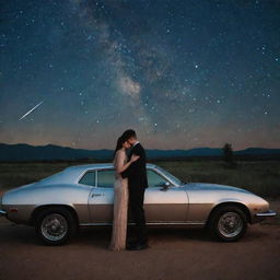 The same couple standing near a sleek, beautiful car under the starry night sky, their hands held tightly. A romantic quote gracefully etched on the side of the car.