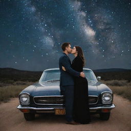 The same couple standing near a sleek, beautiful car under the starry night sky, their hands held tightly. A romantic quote gracefully etched on the side of the car.