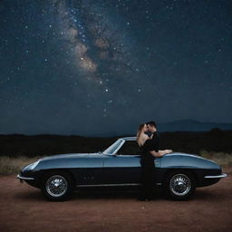 The same couple standing near a sleek, beautiful car under the starry night sky, their hands held tightly. A romantic quote gracefully etched on the side of the car.