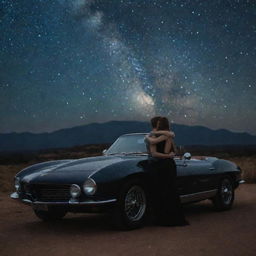 The same couple standing near a sleek, beautiful car under the starry night sky, their hands held tightly. A romantic quote gracefully etched on the side of the car.