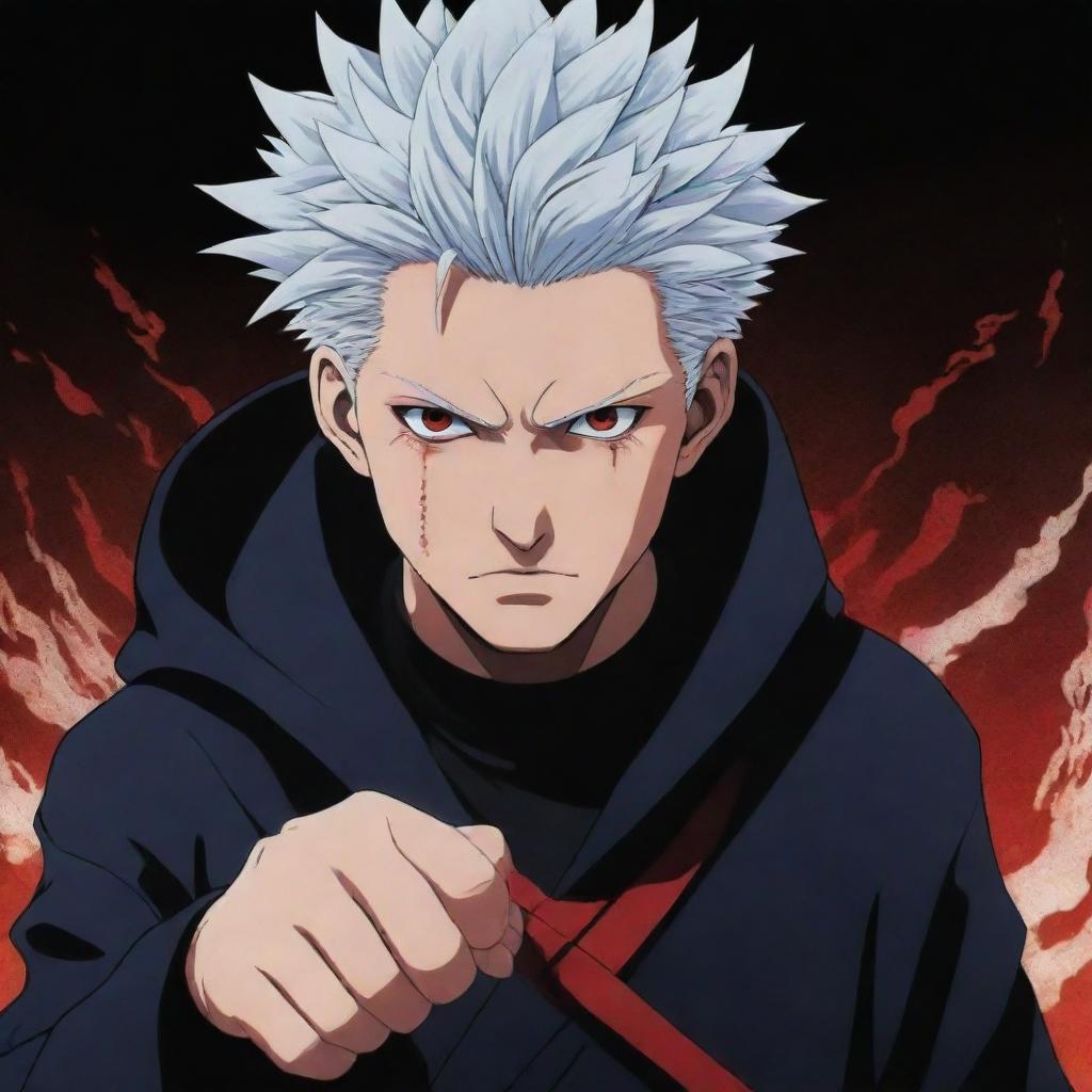 A 2D anime rendition of Sukuna from Jujutsu Kaisen, showcasing his iconic look and menacing aura in vivid colors and manga-inspired style