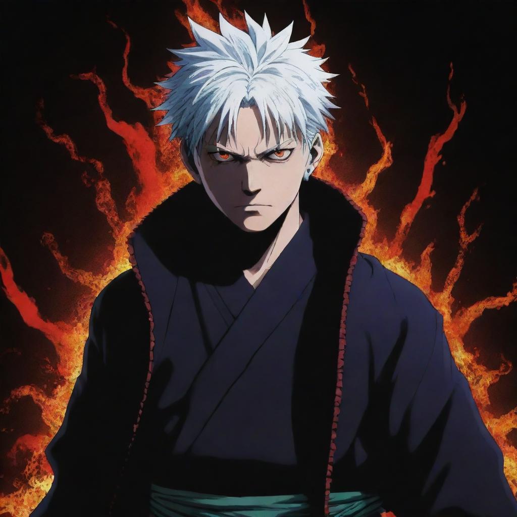 A 2D anime rendition of Sukuna from Jujutsu Kaisen, showcasing his iconic look and menacing aura in vivid colors and manga-inspired style