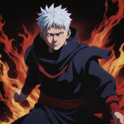 A 2D anime rendition of Sukuna from Jujutsu Kaisen, showcasing his iconic look and menacing aura in vivid colors and manga-inspired style