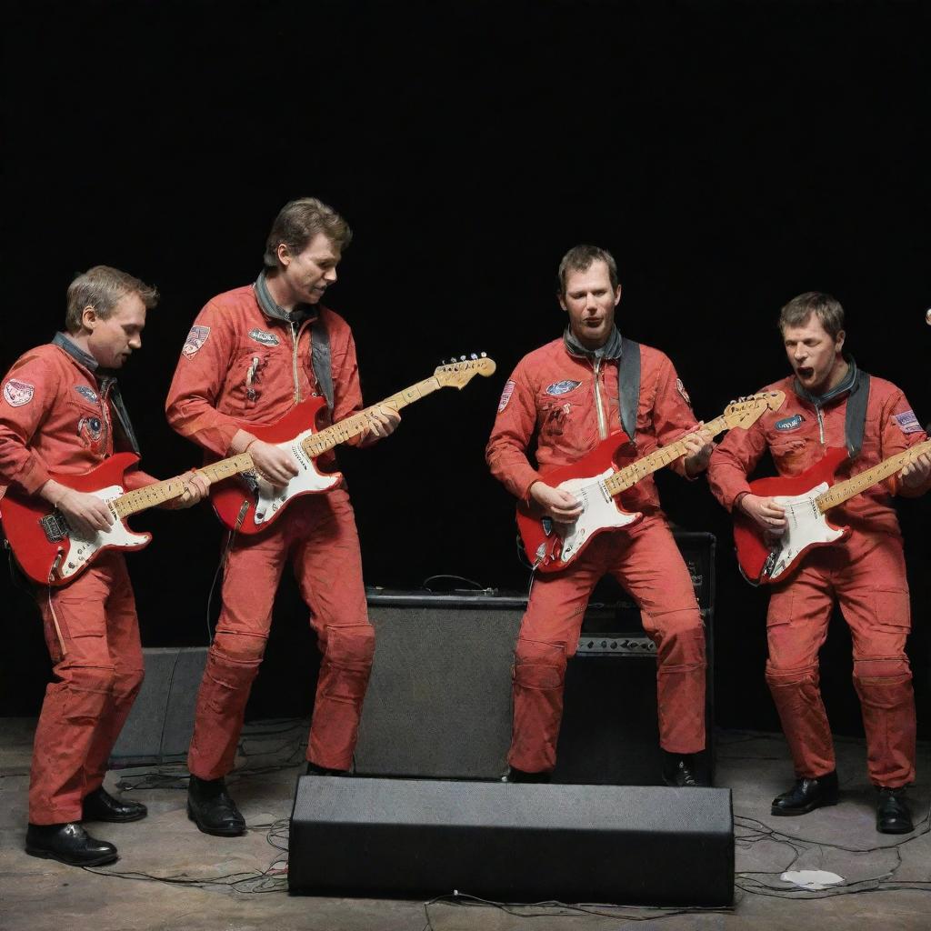 An interstellar band of five astronauts: one strumming a red Stratocaster guitar at a mic in the center, another beating drums, a third plucking a bass, a fourth wielding a second guitar, and the last one masterfully playing a keyboard.