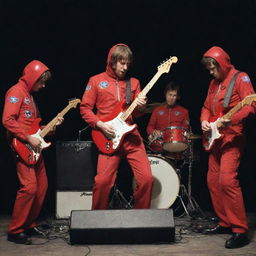 An interstellar band of five astronauts: one strumming a red Stratocaster guitar at a mic in the center, another beating drums, a third plucking a bass, a fourth wielding a second guitar, and the last one masterfully playing a keyboard.