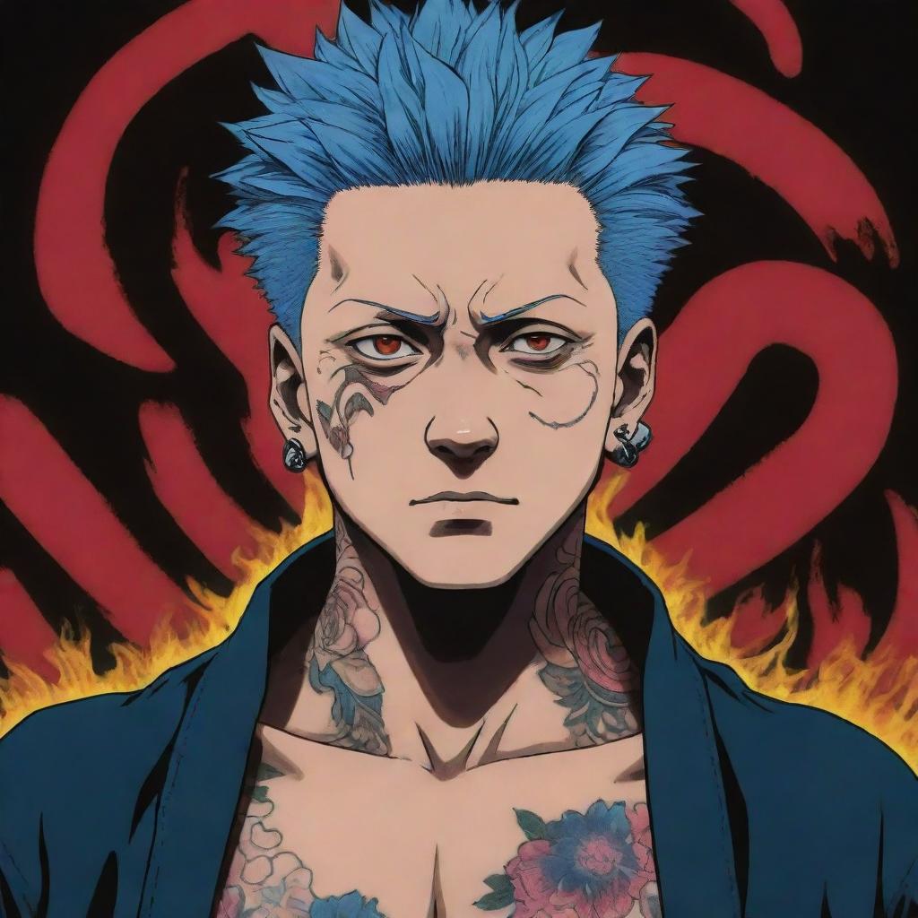 A 2D anime-style image of Sukuna from the manga Jujutsu Kaisen, showcasing his unique character features and tattoos with vivid colors.