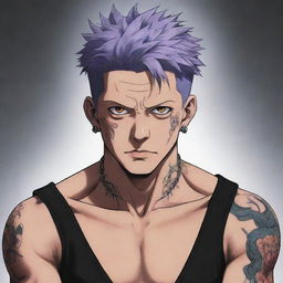 A 2D anime-style image of Sukuna from the manga Jujutsu Kaisen, showcasing his unique character features and tattoos with vivid colors.