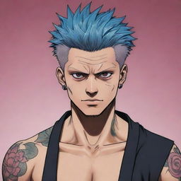 A 2D anime-style image of Sukuna from the manga Jujutsu Kaisen, showcasing his unique character features and tattoos with vivid colors.