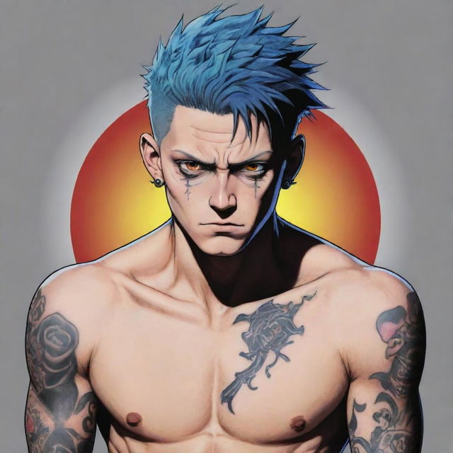 A 2D anime-style image of Sukuna from the manga Jujutsu Kaisen, showcasing his unique character features and tattoos with vivid colors.