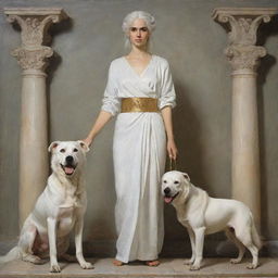 A modern Greek painting featuring a young lady with white hair, dressed in a white attire, gracefully standing alongside a mythical Cerberus, the three-headed dog.