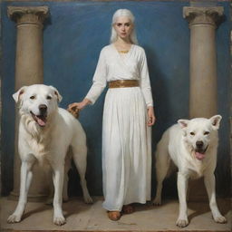 A modern Greek painting featuring a young lady with white hair, dressed in a white attire, gracefully standing alongside a mythical Cerberus, the three-headed dog.