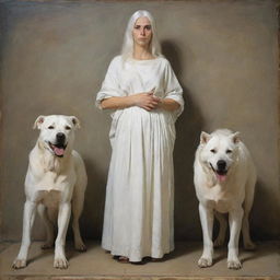 A modern Greek painting featuring a young lady with white hair, dressed in a white attire, gracefully standing alongside a mythical Cerberus, the three-headed dog.