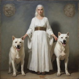 A modern Greek painting featuring a young lady with white hair, dressed in a white attire, gracefully standing alongside a mythical Cerberus, the three-headed dog.