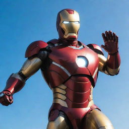 A bold image of Iron Man in his iconic armor, flying against a clear blue sky, with the sun illuminating his metallic suit