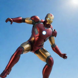 A bold image of Iron Man in his iconic armor, flying against a clear blue sky, with the sun illuminating his metallic suit