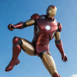 A bold image of Iron Man in his iconic armor, flying against a clear blue sky, with the sun illuminating his metallic suit