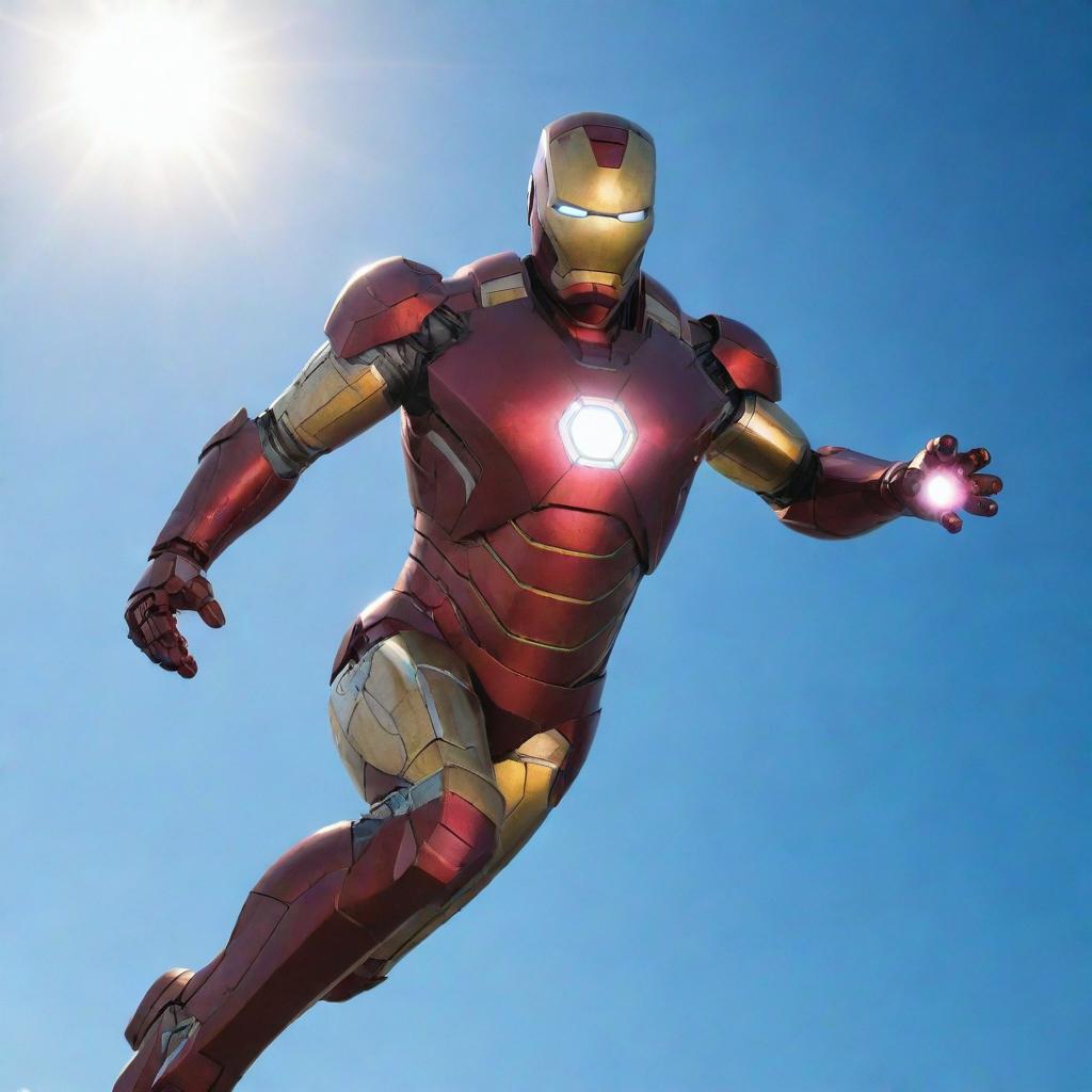 A bold image of Iron Man in his iconic armor, flying against a clear blue sky, with the sun illuminating his metallic suit