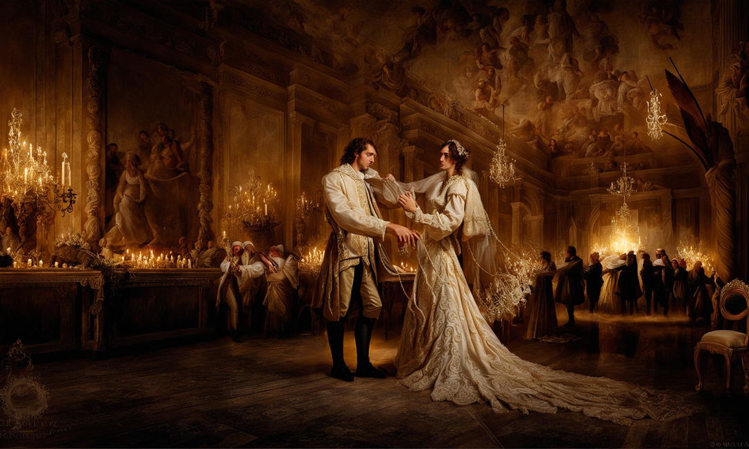 Baroque-style fine art painting featuring a bride and groom in an opulent hall. The groom is dressed in an embroidered doublet while the bride wears an ivory silk gown with intricate lacework. The hall is adorned with gilded moldings, frescoes, tapestries and a grand chandelier.