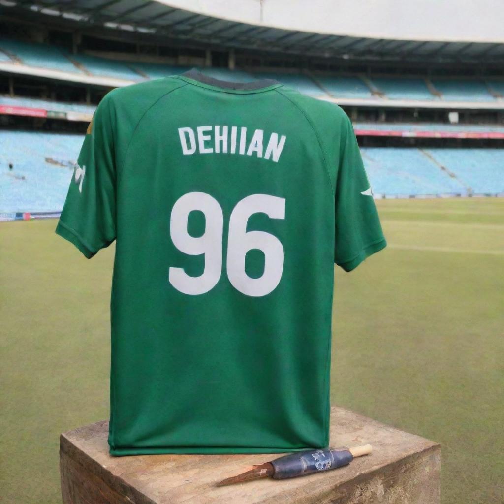 A personalized shirt with the name 'Deshani' and number '06', presented in a stadium setting, next to a Pakistani cricket bat.