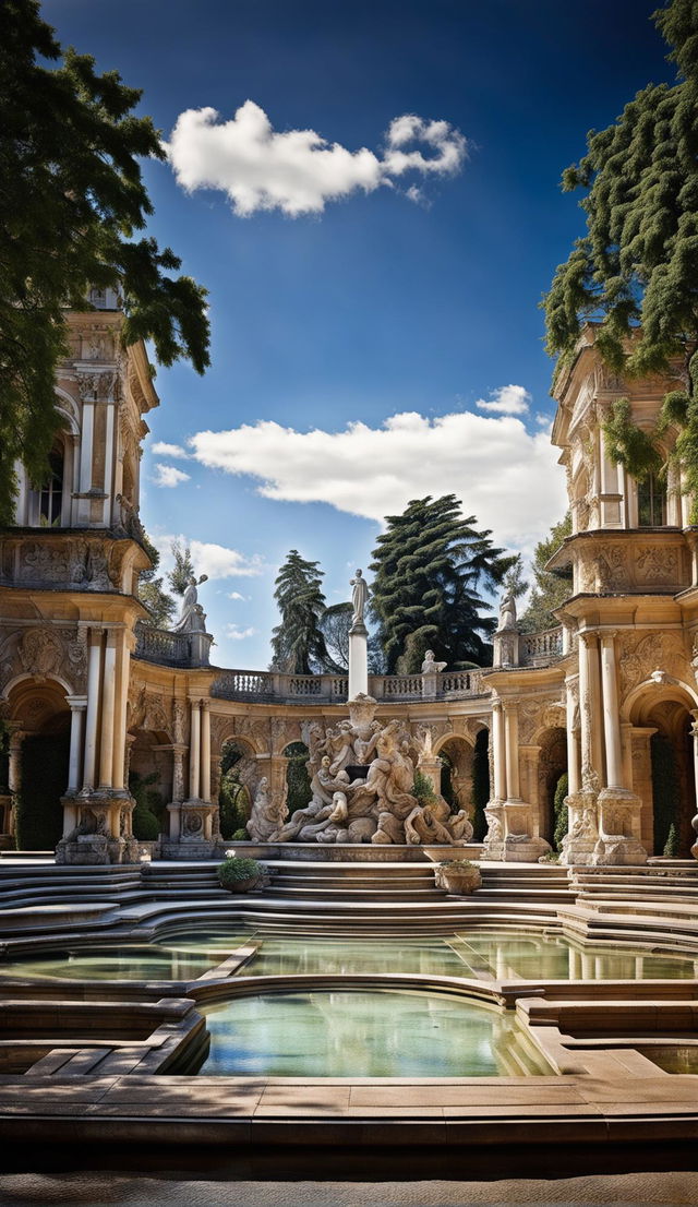 A Baroque estate in spring with ornate sculptures, a marble fountain, manicured hedges and flower beds under a clear azure sky.