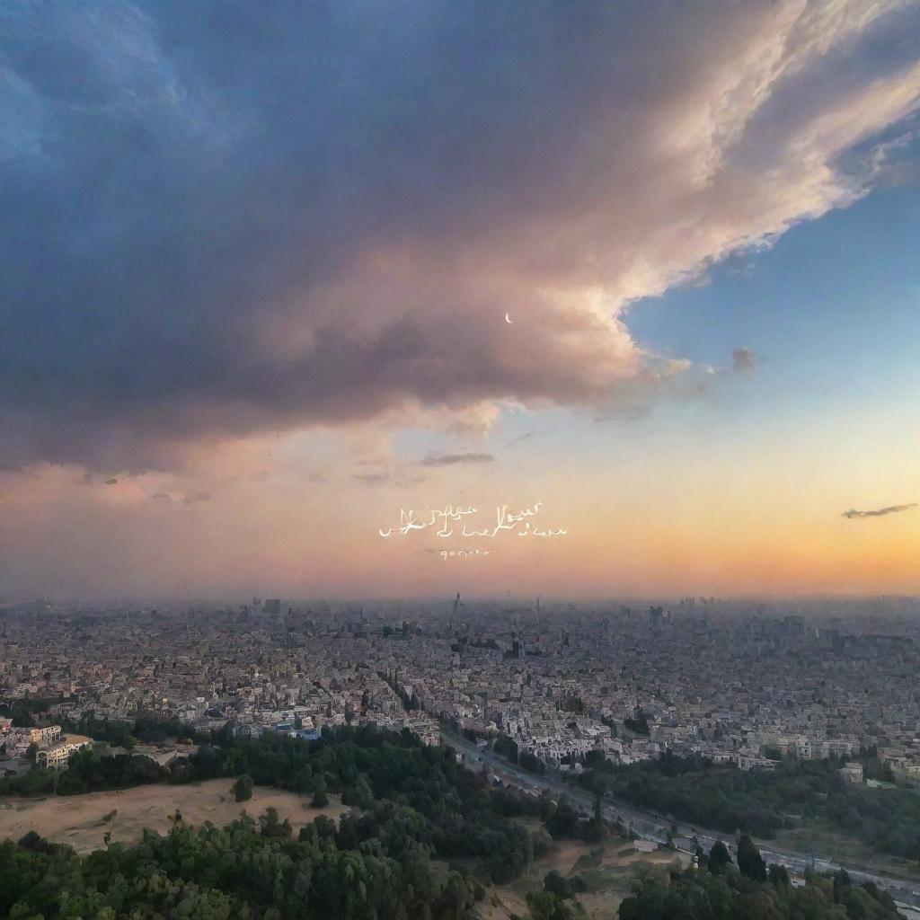 A beautiful romantic scenic view with the words 'Tayyaba loves Yousaf' artistically written in the sky