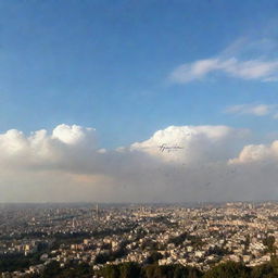 A beautiful romantic scenic view with the words 'Tayyaba loves Yousaf' artistically written in the sky