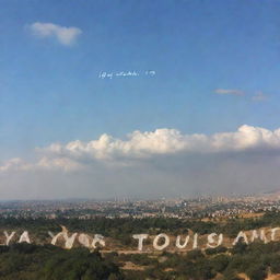 A beautiful romantic scenic view with the words 'Tayyaba loves Yousaf' artistically written in the sky