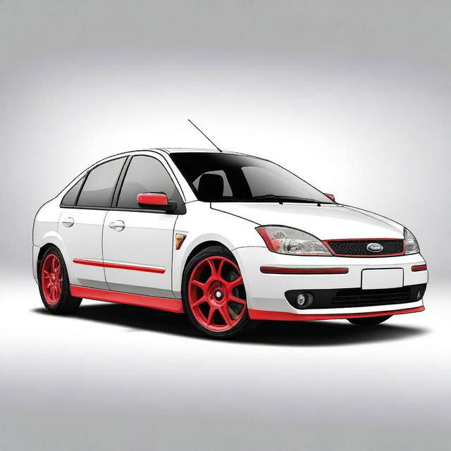 A high-quality digital art of a white Ford Focus Sedan from 2004