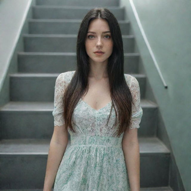 photo shot by sony alpha ii and sony fe 200, a full body woman, in shoping in automatic stairs,23 year old with green eyes and black long hair.,freckles, moda clothes, ultra realist, 4k hd, ultra detailed, natural light,  --style raw--v 5.2,