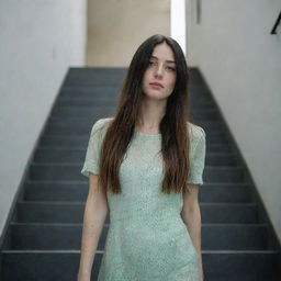 photo shot by sony alpha ii and sony fe 200, a full body woman, in shoping in automatic stairs,23 year old with green eyes and black long hair.,freckles, moda clothes, ultra realist, 4k hd, ultra detailed, natural light,  --style raw--v 5.2,