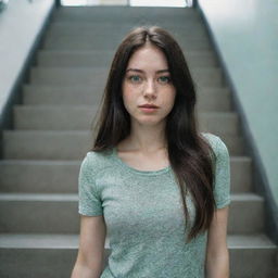 photo shot by sony alpha ii and sony fe 200, a full body woman, in shoping in automatic stairs,23 year old with green eyes and black long hair.,freckles, moda clothes, ultra realist, 4k hd, ultra detailed, natural light,  --style raw--v 5.2,