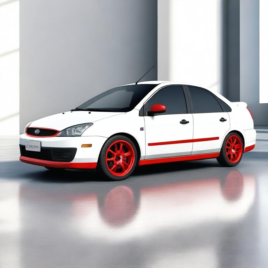 A photorealistic 3D render of a 2004 Ford Focus Sedan in pristine white color