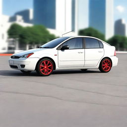 A photorealistic 3D render of a 2004 Ford Focus Sedan in pristine white color