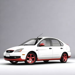 A photorealistic 3D render of a 2004 Ford Focus Sedan in pristine white color