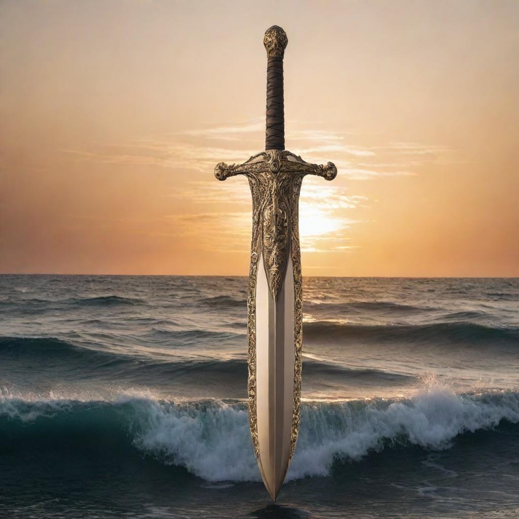 An intricate logo featuring a metallic sword standing upright in the middle of a majestic, undulating sea, catching the glint of a golden sunset in the background.