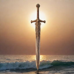 An intricate logo featuring a metallic sword standing upright in the middle of a majestic, undulating sea, catching the glint of a golden sunset in the background.