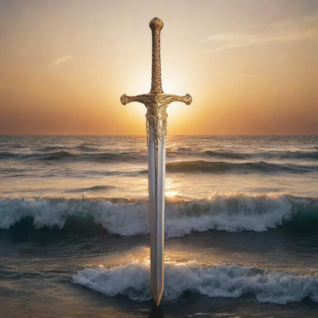 An intricate logo featuring a metallic sword standing upright in the middle of a majestic, undulating sea, catching the glint of a golden sunset in the background.