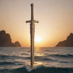 An intricate logo featuring a metallic sword standing upright in the middle of a majestic, undulating sea, catching the glint of a golden sunset in the background.